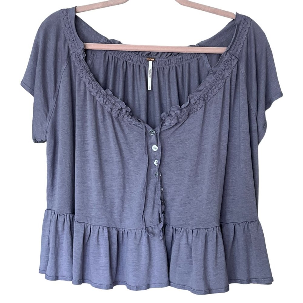 Free People Womens Charlie Tee Size L Purple Oversized Boxy Ruffle Cottagecore